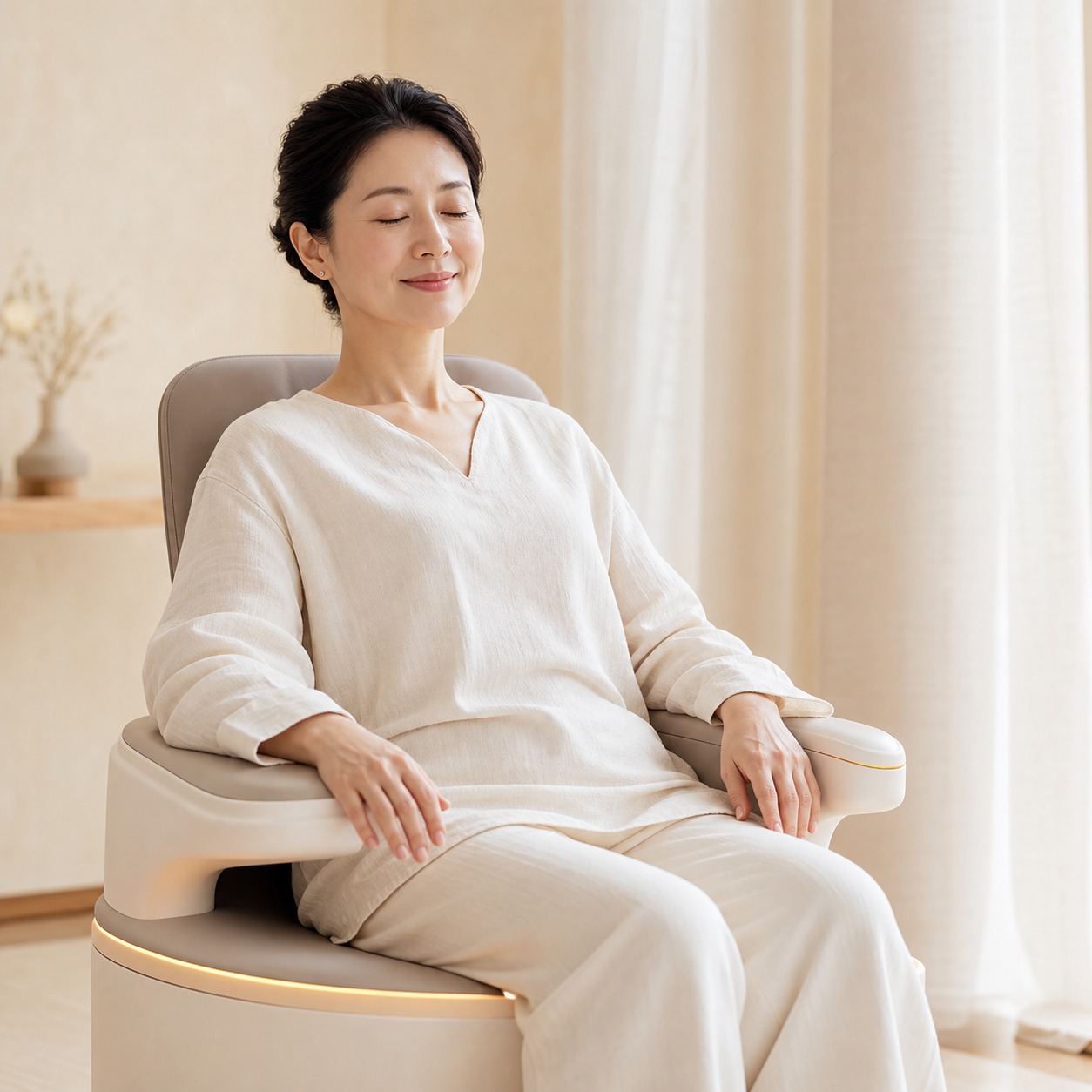 服を着たままビジリスチェアでくつろぐ女性